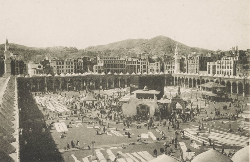The Grand Mosque in Makkah pictured from the Eastern Minaret in 1916. In the centre is the Kaaba and in the foreground is the Zamzam Well. In 1916, Arabs rose up against Ottoman rule and established the Kingdom of Hejaz, which included Makkah. Photo: Library of Congress