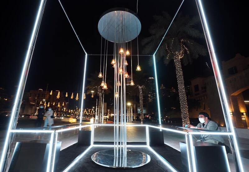 Dubai, United Arab Emirates - Reporter: N/A. News. Art. Al Hai, a series of enthralling light installations adorning Downtown Dubai Boulevard. This piece is called Al Majilis. Dubai. Thursday, January 5th, 2021. Chris Whiteoak / The National