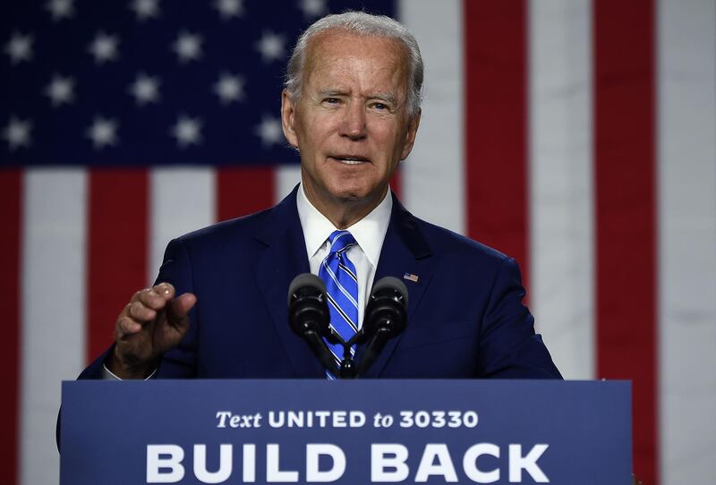 Democratic presidential candidate and former Vice President Joe Biden speaks at a  "Build Back Better" Clean Energy event on July 14, 2020 at the Chase Center in Wilmington, Delaware.  / AFP / Olivier DOULIERY
