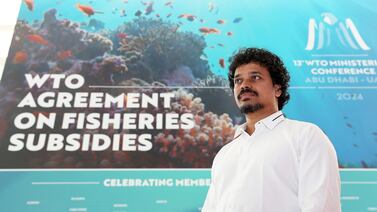 Olencio Simoes, general secretary of the National Fishworkers' Forum in Goa, at the WTO event in Abu Dhabi. Pawan Singh / The National