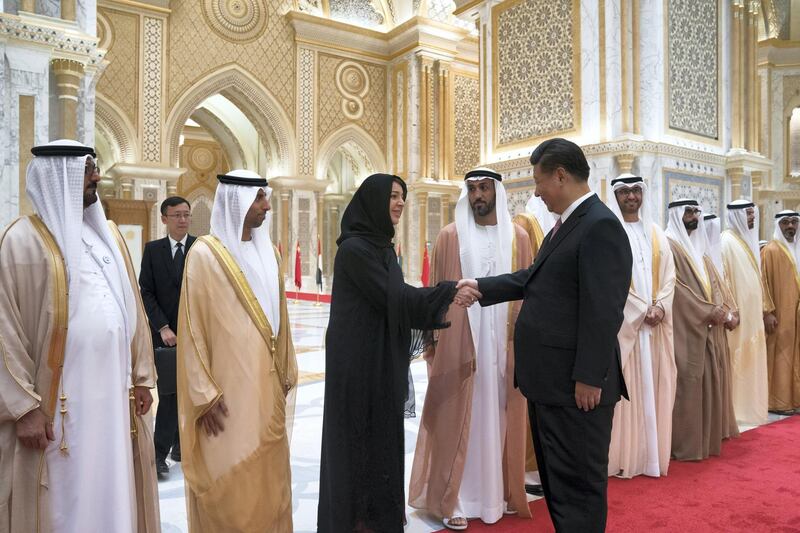 ABU DHABI, UNITED ARAB EMIRATES - July 20, 2018:   HE Xi Jinping, President of China (R) greets HE Reem Ibrahim Al Hashimi, UAE Minister of State for International Cooperation (3rd L) at the Presidential Palace. 

( Mohamed Al Hammadi / Crown Prince Court - Abu Dhabi )
---
