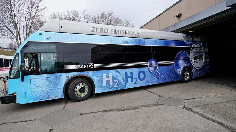 A hydrogen fuel cell bus in Canton, Ohio. Hydrogen, the most abundant element in the universe, is increasingly viewed as a vital answer to curb emissions and help address climate change concerns.  Photo: AP