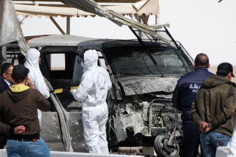 Police and forensic experts gather at the scene of an explosion near the US embassy in the Tunisian capital Tunis on March 6, 2020. A blast that rocked Tunis today was an attack that targeted the US embassy and caused injuries among policemen, police said. A police official said an assailant had tried to enter the embassy but was prevented by police who guarded the diplomatic mission in the Berges du Lac district. Photo by Nicolas Fauque/Images de Tunisie/ABACAPRESS.COMNo Use France Digital. No Use France Print.