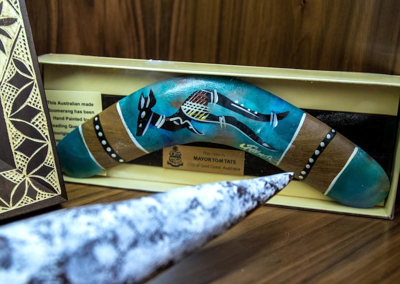 An Australian Boomerang at the private museum of General Obaid Al Ketbi, former deputy police chief and UAE ambassador to Australia, where he has kept all of his personal belongings and old things like cinema tickets, since he was a child. The museum is located at his residence at Al Seef Village, Abu Dhabi.  Thr National staff got an exclusive tour on May 3, 2021. Victor Besa / The National.
Reporter: Haneen Dajani for News