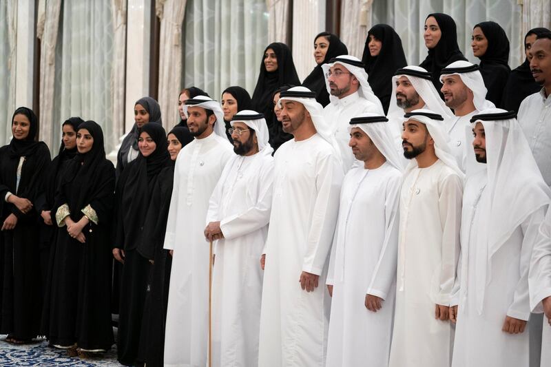 ABU DHABI, UNITED ARAB EMIRATES - May 13, 2019: HH Sheikh Mohamed bin Zayed Al Nahyan, Crown Prince of Abu Dhabi and Deputy Supreme Commander of the UAE Armed Forces (4th R) and HH Sheikh Tahnoon bin Mohamed Al Nahyan, Ruler's Representative in Al Ain Region (5th R), stand for a photograph with members of Department of Health Abu Dhabi. Seen with HE Sheikh Abdulla bin Mohamed Al Hamed, Chairman of the Health Department and Abu Dhabi Executive Council Member.
( Mohamed Al Hammadi / Ministry of Presidential Affairs )
---