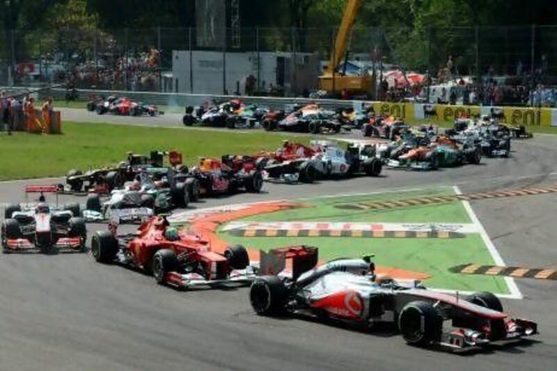 Lewis Hamilton leads at the start of the Italian Grand Prix and he would go on to win.