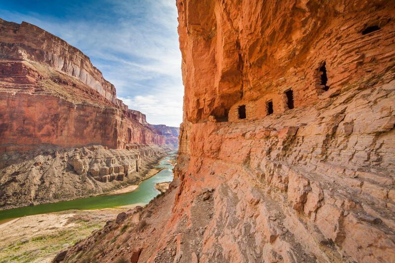 22 Feb 2012, Grand Canyon National Park, Arizona, USA --- Ancient Puebloan granaries in the canyon walls along the Colorado River, Grand Canyon National Park, Arizona --- Image by © Patrick J. Endres/AlaskaPhotoGraphics/Corbis