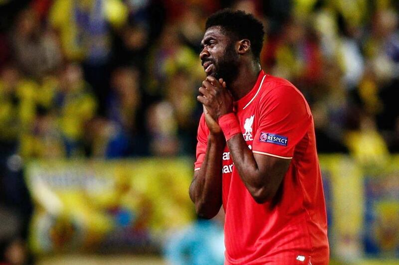 Liverpool's Kolo Toure reacts during the team's loss to Villarreal in the Europa League semi-final first leg on Thursday night. Biel Alino / AFP / April 28, 2016 