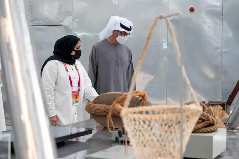 Sheikh Mohamed at the pavilion, where Bahrain is showcasing traditional crafts.