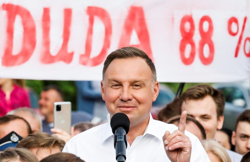 Polish President Andrzej Duda attends a meeting with local residents following his victory in a presidential election in Odrzywol, Poland July 13, 2020. Marcin Kucewicz/Agencja Gazeta via REUTERS   ATTENTION EDITORS - THIS IMAGE WAS PROVIDED BY A THIRD PARTY. POLAND OUT. NO COMMERCIAL OR EDITORIAL SALES IN POLAND.