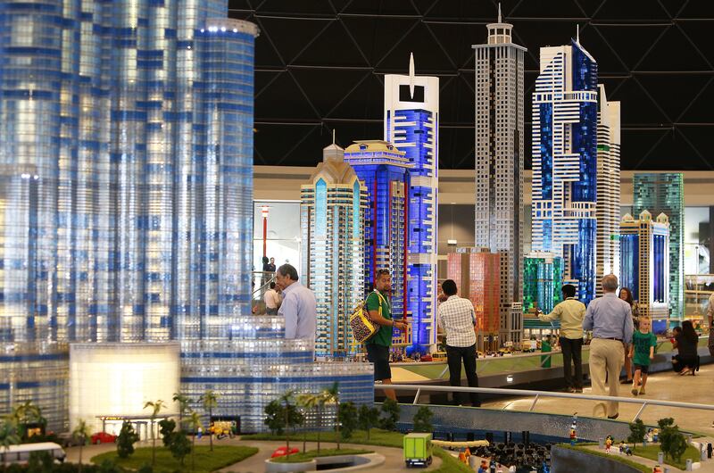 DUBAI , UNITED ARAB EMIRATES – Oct 31 , 2016 : Dubai skyline at the Miniland made by Lego bricks which feature Dubai skyline , key landmarks from around the Middle East after the opening ceremony of Legoland Dubai in Dubai.  ( Pawan Singh / The National ) For News. Story by Nick Webster. ID No - 33930 
 *** Local Caption ***  PS3110- LEGOLAND43.jpg