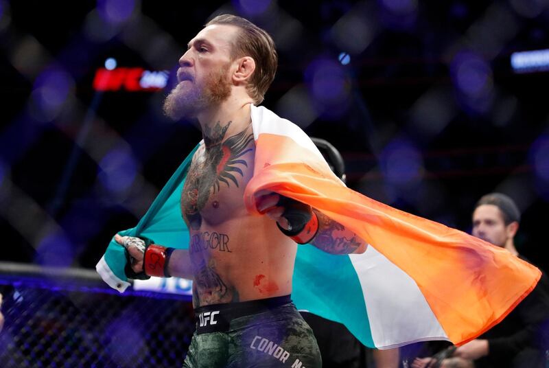 Conor McGregor celebrates after defeating Donald "Cowboy" Cerrone during a UFC 246 welterweight mixed martial arts bout, Saturday, Jan. 18, 2020, in Las Vegas. (AP Photo/John Locher)