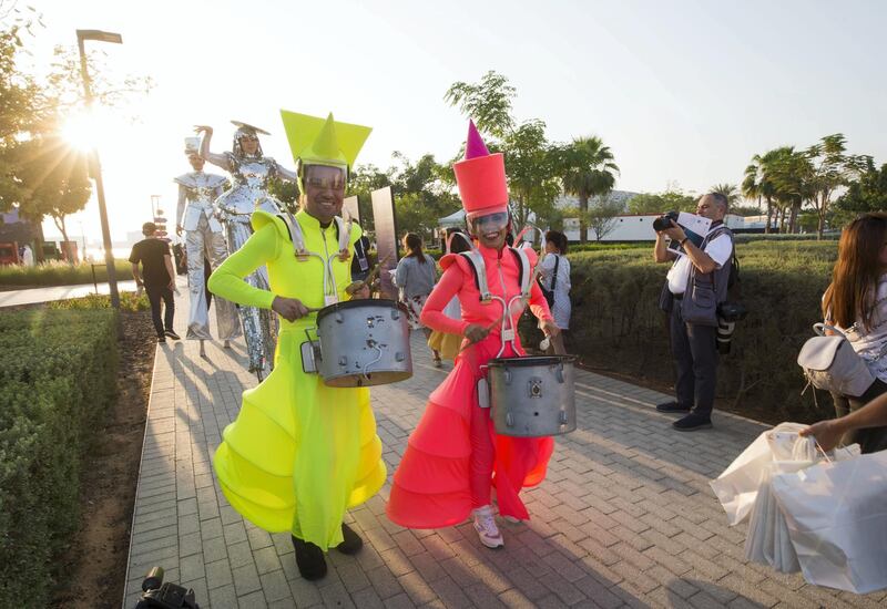 Abu Dhabi, United Arab Emirates- Performers welcoming the visitors at the Expo 2020 countdown at The Louvre, Saadiyat.  Leslie Pableo for The National