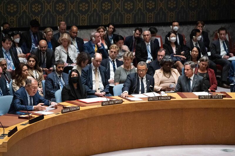 Russia’s Foreign Minister Sergey Lavrov, left, speaks at a UN Security Council meeting on the Russian invasion of Ukraine as US Secretary of State Antony Blinken, right, listens. AFP