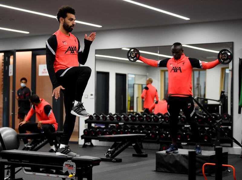 KIRKBY, ENGLAND - NOVEMBER 24: (THE SUN OUT, THE SUN  ON  SUNDAY OUT) Mohamed Salah and Sadio Mane of Liverpool during a training session ahead of the UEFA Champions League Group D stage match between Liverpool FC and Atalanta BC at AXA Training Centre on November 24, 2020 in Kirkby, England. (Photo by Andrew Powell/Liverpool FC via Getty Images)