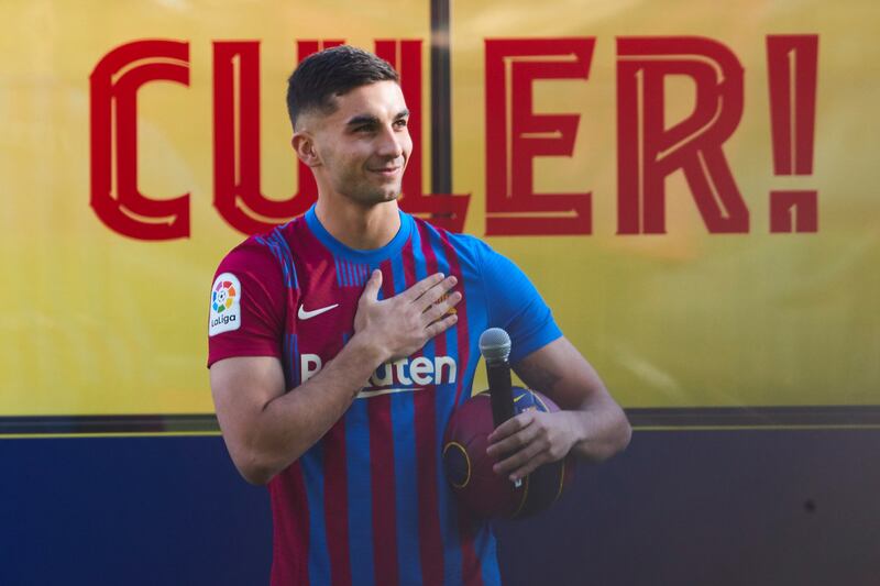 Barcelona's new signing Ferran Torres during his unveiling at Camp Nou on Monday, January 3, 2021. EPA