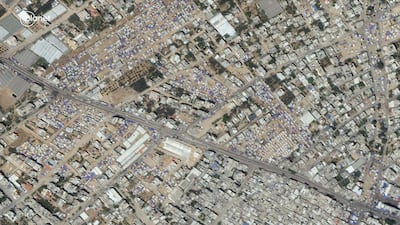Satellite imagery shows tents and shelters before the displacement of Gazans, in Rafah, southern Gaza. Planet Labs Inc via Reuters