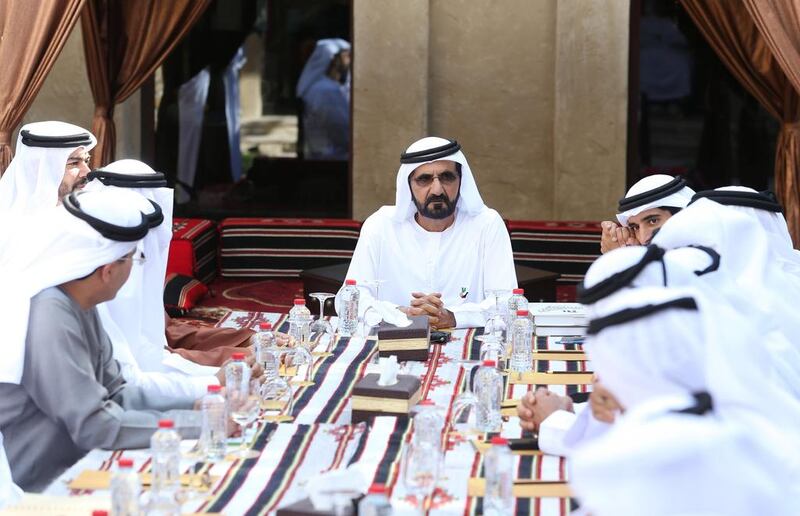 Sheikh Mohammed leads a brainstorming session of his Mohammed bin Rashid Global Initiatives Foundation at Bab Al Shams Resort. Wam