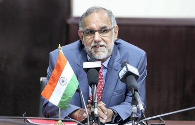 ABU DHABI, UNITED ARAB EMIRATES, August 20 – 2018 :- Navdeep Suri, Ambassador of India talking to media during the press conference about the Kerala floods situation held at the Embassy of India in Abu Dhabi. ( Pawan Singh / The National )  For News. Story by Haneen 