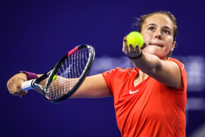 Daria Kasatkina of Russia serves to Madison Keys of the US in their women's singles second round match of the Zhuhai Elite Trophy tennis tournament in Zhuhai, in south China's Guangdong province on October 31, 2018. China OUT
 / AFP / STR
