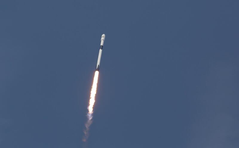 An upgraded version of the SpaceX Falcon 9 Block 5 rocket lifts off Friday, May 11, 2018 from launch pad 39A at the Kennedy Space Center carrying Bangladesh's first communications satellite. The $250 million satellite, the nation's first, is designed to improve television, telephone, data, Internet and emergency communications for Bangladesh. (Red Huber /Orlando Sentinel via AP)