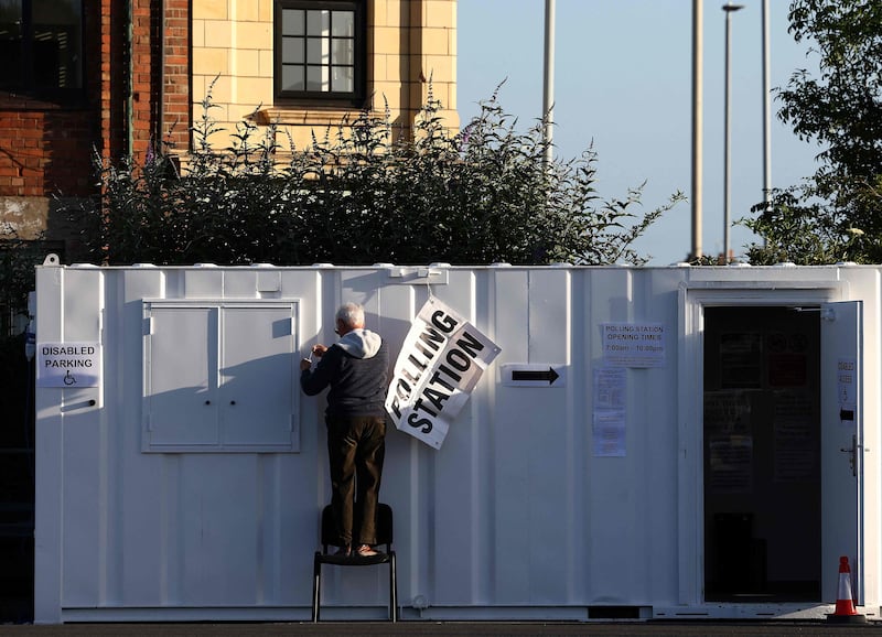 A mobile polling station at a Lidl supermarket car park, in Loughborough. AFP