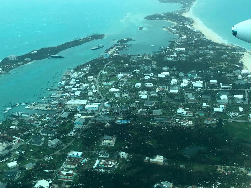 This aerial photo provided by Medic Corps, shows the destruction brought by Hurricane Dorian on Man-o-War Cay, Bahamas.  AP