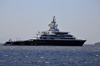 BODRUM, MUGLA - AUGUST 06: 115 meters luxury explorer yatch "Luna", owned by Azarbaijani businessman Farkhad Akhmedov, drops anchor off in Bodrum district of Mugla on August 06, 2014. Luna is the world's largest expedition yacht which was purchased by Frakhad Akhmedov from Roman Abramovich for $360m U.S. dollars in April 2014. Luna has 20 metre outdoor swimming pool, 9 decks and a large outdoor entertaining area.  (Photo by Mustafa Ciftci/Anadolu Agency/Getty Images)