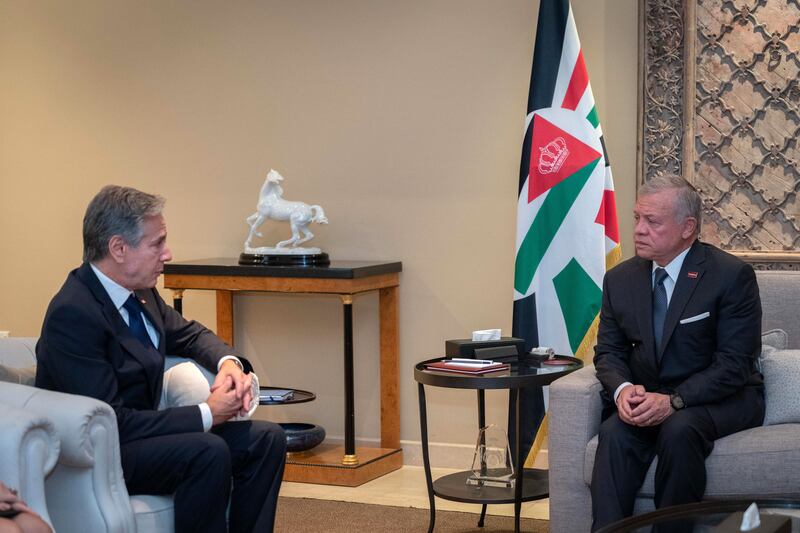 King Abdullah of Jordan receives the US Secretary of State, in Amman. EPA