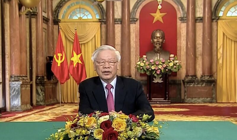 Vietnamese President Nguyen Phu Trong spoke was a bust of revolutionary leader Ho Chi Minh. UNTV via AP