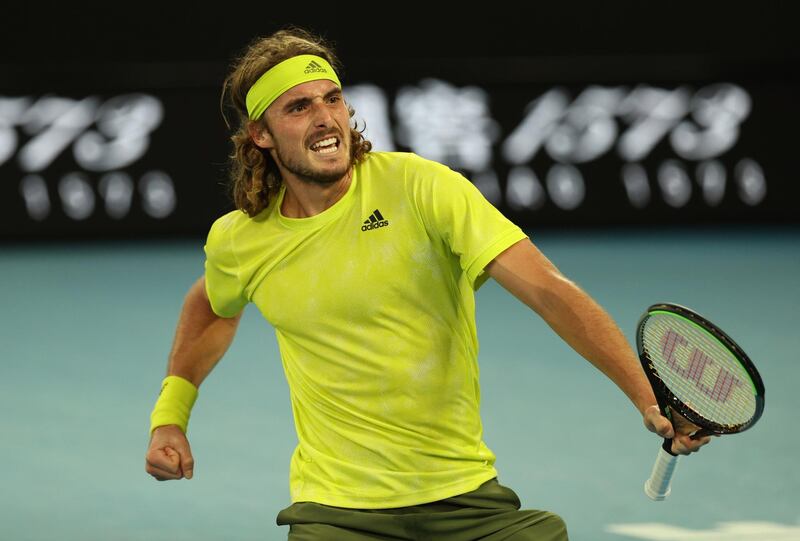 Tennis - Australian Open - Melbourne Park, Melbourne, Australia, February 11, 2021 Greece's Stefanos Tsitsipas celebrates after winning his second round match against Australia's Thanasi Kokkinakis REUTERS/Loren Elliott