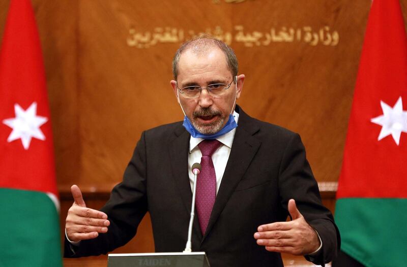 Jordanian Foreign Minister Ayman Safadi is pictured in the Jordanian capital Amman during an international meeting to discuss the Israel-Palestinian peace process, on September 24, 2020. (Photo by Khalil MAZRAAWI / POOL / AFP)