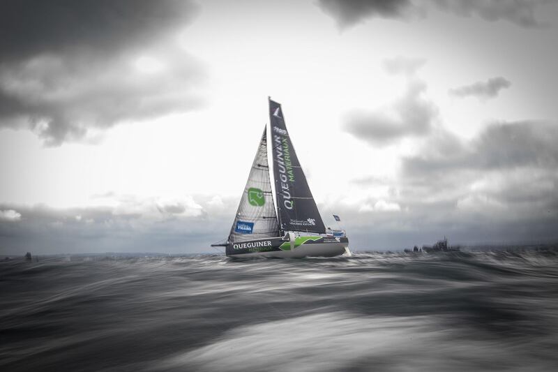 Yann Elies, skipper of the Queguiner Materiaux competes during Stage 1 of La Solitaire du Figaro solo sailing race on August 30, 2020, off the coast of Saint-Quay-Portrieux, in Saint-Brieuc Bay, northwestern France. AFP