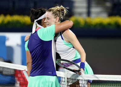 Dubai, United Arab Emirates - Reporter: John McAuley: Ons Jabeur celebrates the win in the game between Ons Jabeur and Alison Riske in the Dubai Duty Free Tennis Championship. Monday, February 17th, 2020. Dubai Duty Free Tennis stadium, Dubai. Chris Whiteoak / The National