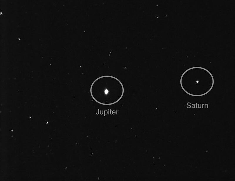 An image beamed back from the UAE's Hope probe on December 7 showing Saturn and Jupiter in close proximity to each other. Courtesy: Hope probe / MBR Space Centre