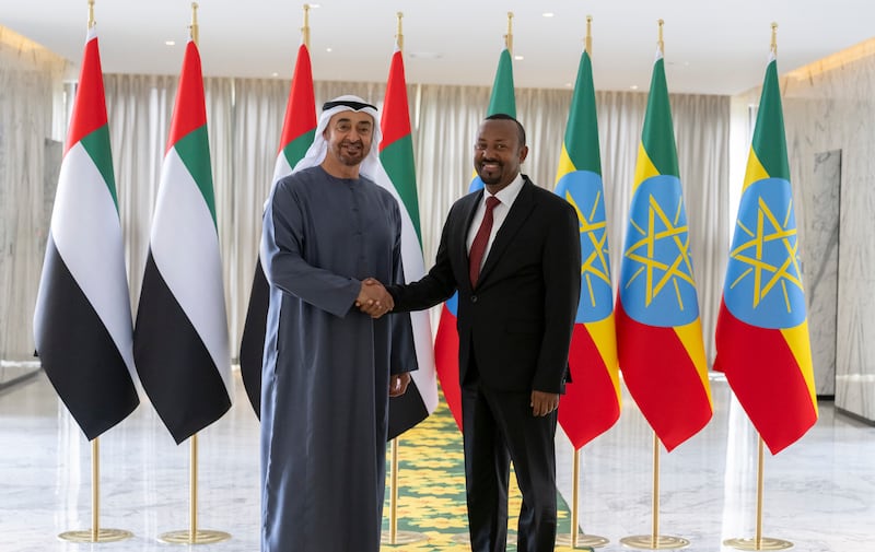 President Sheikh Mohamed and Mr Abiy shake hands during the UAE leader's official visit to Addis Ababa