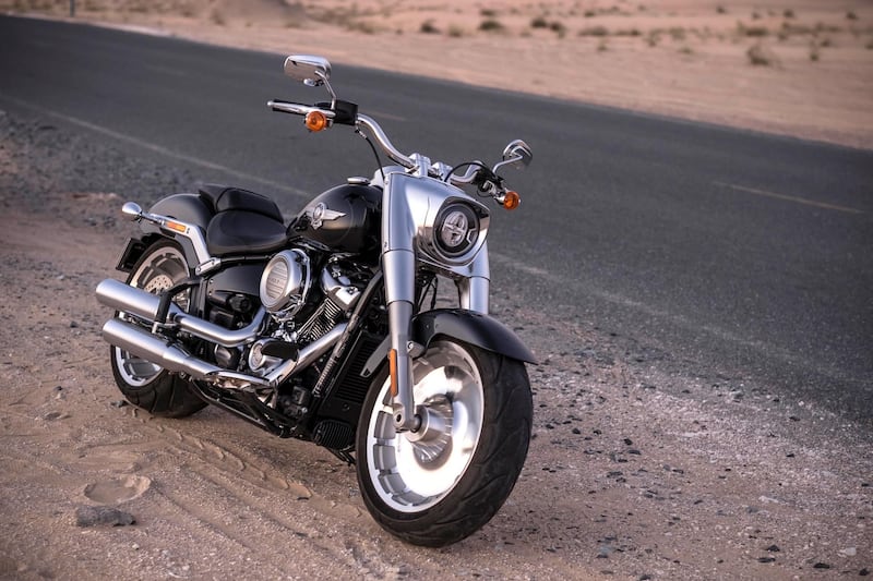 DUBAI, UNITED ARAB EMIRATES. 17 JANUARY 2018. The 2018 Harley Davidson Fatboy 107 cubic engine. Photographed at Al Qudra lakes in Dubai. (Photo: Antonie Robertson/The National) Journalist: Antonie Robertson. Section: Motoring.