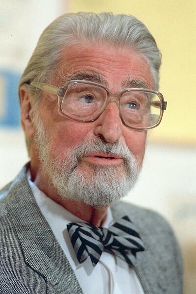 FILE - In an April 3, 1987, file photo, American author, artist and publisher Theodor Seuss Geisel, known as Dr. Seuss, speaks in Dallas. Dr. Seuss Enterprises, the business that preserves and protects the late author and illustrator's legacy, announced on his birthday, Tuesday, March 2, 2021, that it would cease publication of several children's titles including "And to Think That I Saw It on Mulberry Street" and "If I Ran the Zoo," because of insensitive and racist imagery. Geisel died in 1991. (AP Photo/File)