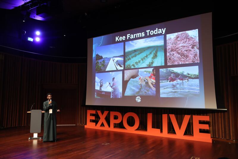 Nicholas Kee, from Kee Farms, pitching at the Expo live Innovation event at Expo City Dubai. Chris Whiteoak / The National