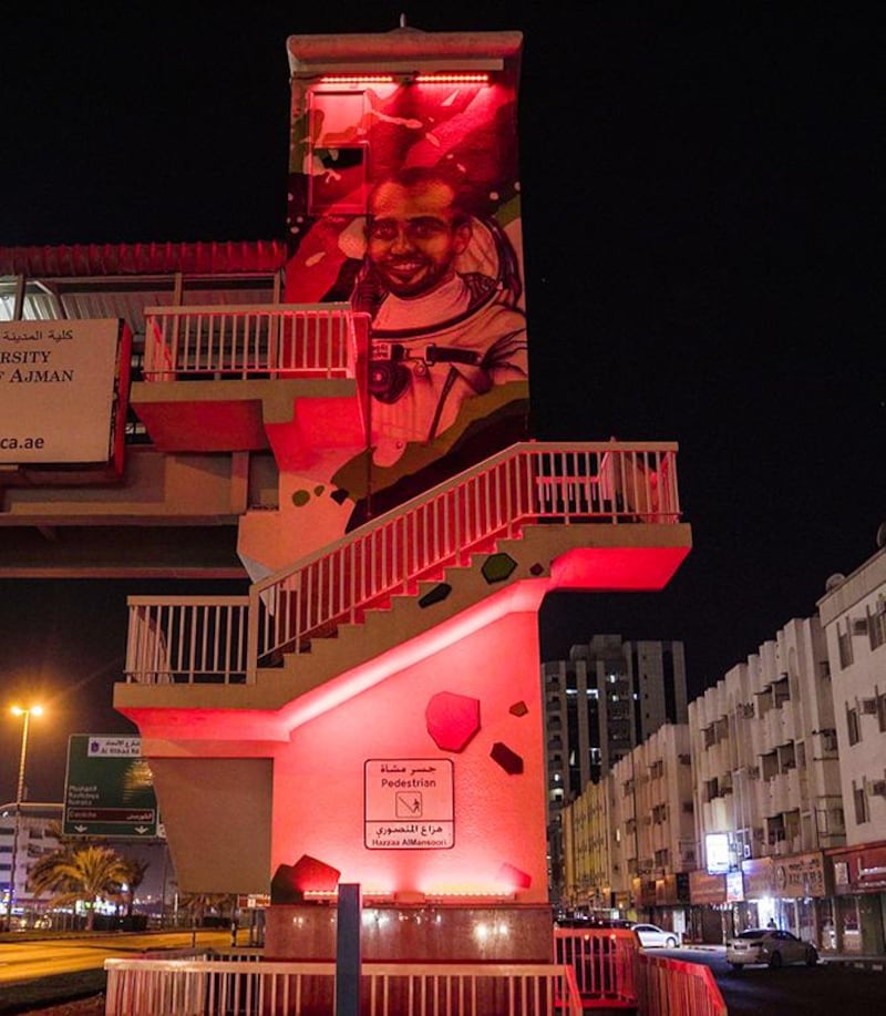 A stairway in Sharjah turns red ahead of the arrival of the Hope Probe.