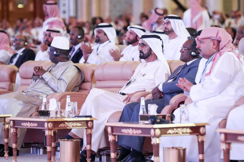 Ruler of Dubai Sheikh Mohammed bin Rashid Al Maktoum attended the special session of Saudi Crown Prince Mohammed bin Salman bin Abdulaziz Al Saud, which brought together Bahraini Crown Prince Salman bin Hamad Al Khalifa and Lebanese Prime Minister Saad Al Hariri at Saudi Arabia���s Future Investment Initiative (FII) 2018 organised in Riyadh by the Public Investment Fund (PIF). Dubai Media Office / Wam