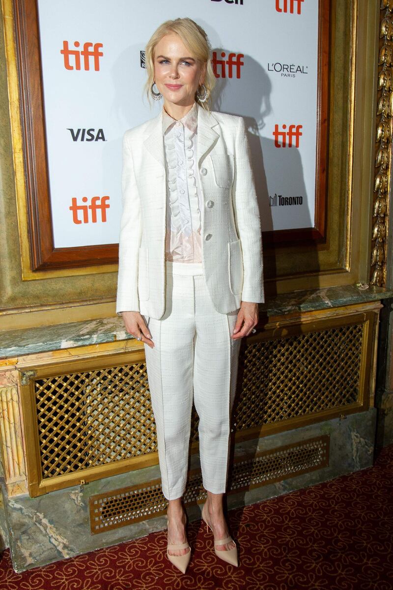 Nicole Kidman wears all-white Bottega Veneta. Photo / AFP
