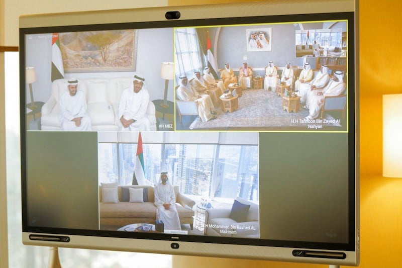 Sheikh Mohammed bin Rashid, Vice President and Ruler of Dubai, and Sheikh Mohamed bin Zayed, Crown Prince of Abu Dhabi and Deputy Supreme Commander of the Armed Forces, attend the wedding of the children of Sheikh Sultan bin Khalifa, Adviser to the UAE President, and Sheikh Tahnoun bin Zayed, National Security Adviser, through video conferencing. Courtesy: Sheikh Mohammed bin Rashid Twitter