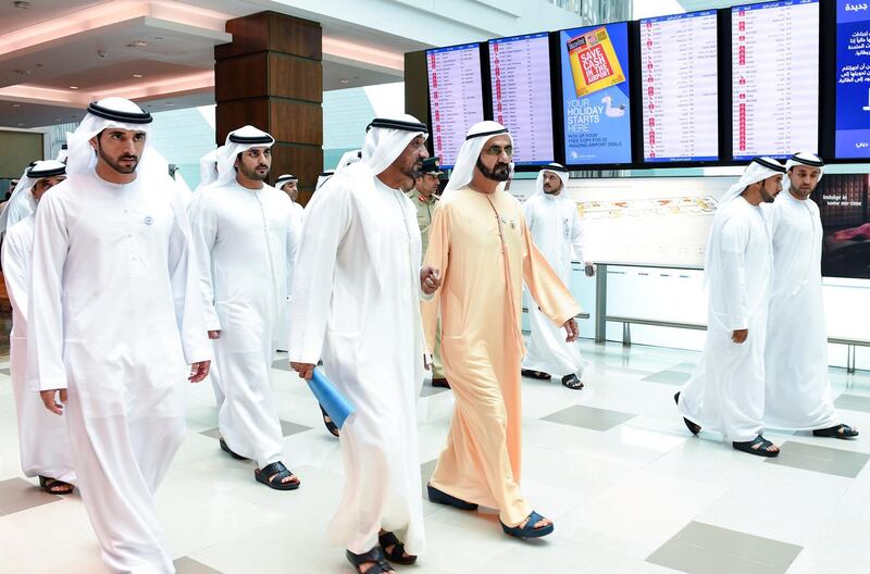 <p>Sheikh Mohammed bin Rashid&nbsp;inspects Dubai International Airport&#39;s facilities while accompanied by Sheikh Hamdan, Sheikh Maktoum and Sheikh Ahmed. Wam</p>
