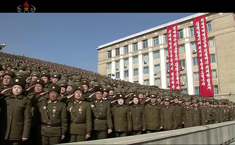 North Korean troops salute during a parade in Pyongyang, North Korea Thursday, Feb. 8, 2018. KRT / AP