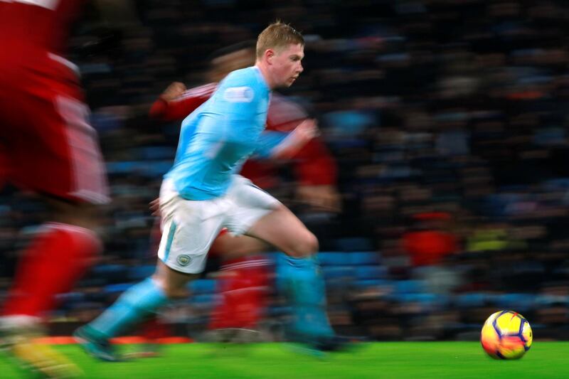 Soccer Football - Premier League - Manchester City vs Watford - Etihad Stadium, Manchester, Britain - January 2, 2018   Manchester City's Kevin De Bruyne in action    Action Images via Reuters/Jason Cairnduff    EDITORIAL USE ONLY. No use with unauthorized audio, video, data, fixture lists, club/league logos or "live" services. Online in-match use limited to 75 images, no video emulation. No use in betting, games or single club/league/player publications.  Please contact your account representative for further details.