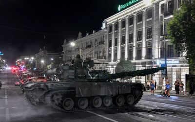 Wagner tanks leave Rostov on Saturday night. EPA 