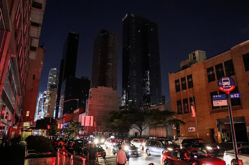 A residential building near the Times Square area, as a blackout affects buildings and traffic during widespread power outages in the Manhattan borough of New York. Reuters