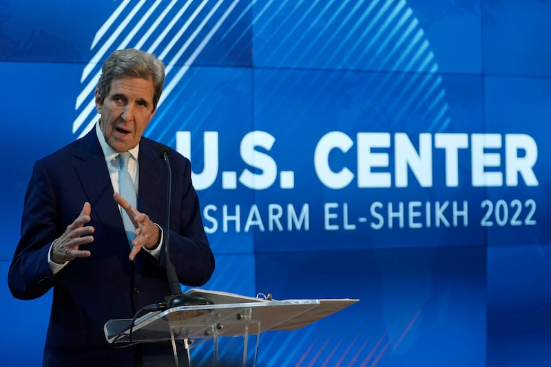 John Kerry, US special presidential envoy for climate, at  Cop27 in Sharm El Sheikh, Egypt. AP Photo