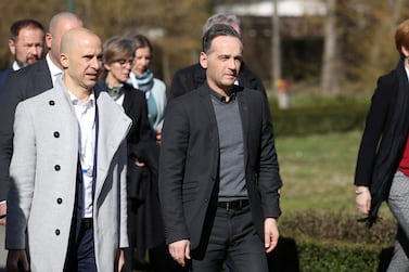 Germany's Minister for Foreign Affairs Heiko Maas (C) arrives at the informal meeting of EU Foreign Affairs ministers to discuss Idlib at Luznica Castle near Zagreb on March 5, 2020. AFP